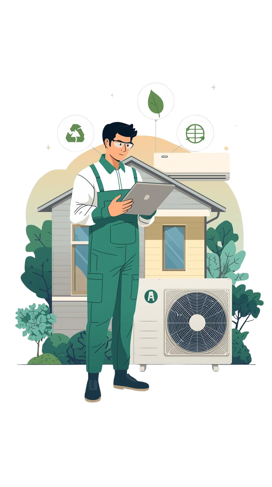 Technicien devant une maison avec des couleurs verte et blanche, des couleurs pastels, ont une maison, une pompe à chaleur, mais aussi une climatisation