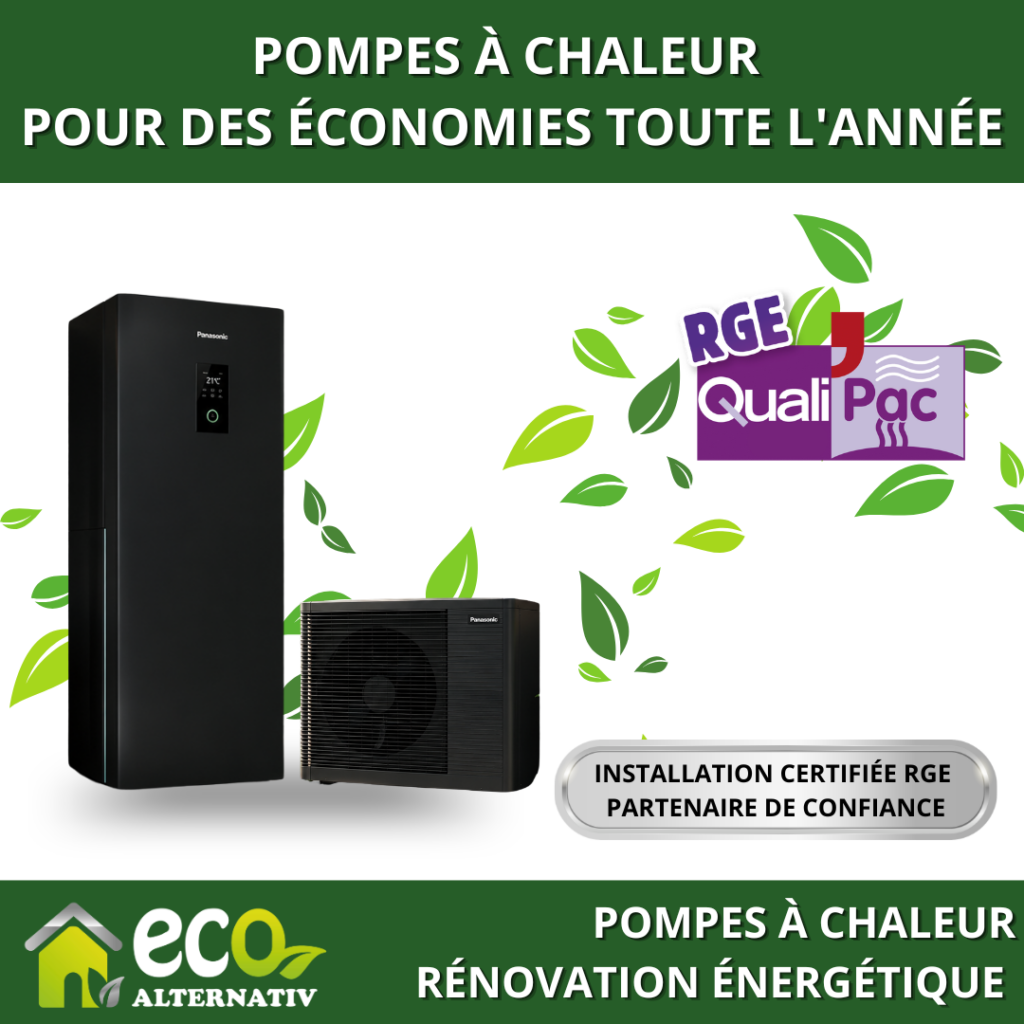 Pompe à chaleur air/eau Panasonic avec unité intérieure et extérieure, installation certifiée RGE QualiPAC par Eco Alternativ.