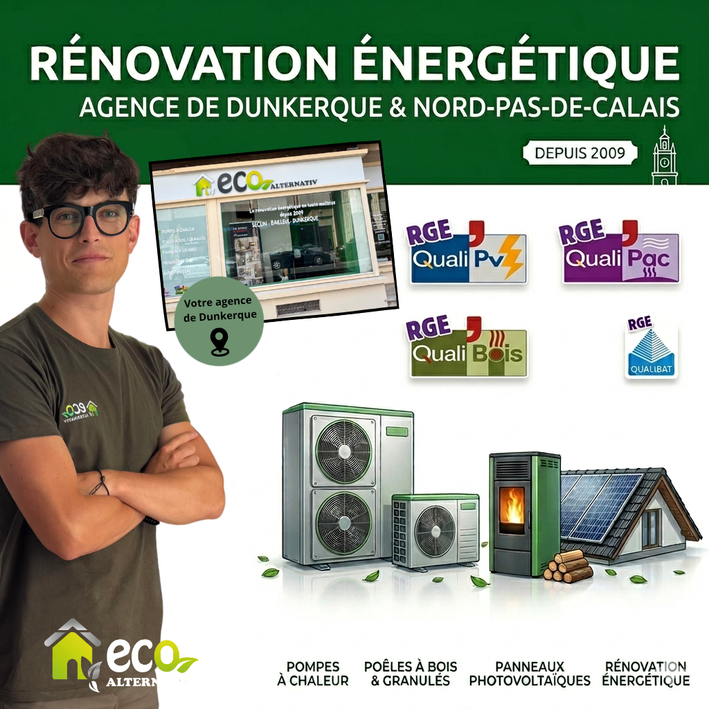Agence Eco-Alternativ de Dunkerque spécialisée en rénovation énergétique dans le Nord-Pas-de-Calais : pompes à chaleur, panneaux photovoltaïques, poêles à bois et granulés, avec les certifications RGE QualiPV, QualiPAC, QualiBois et Qualibat.